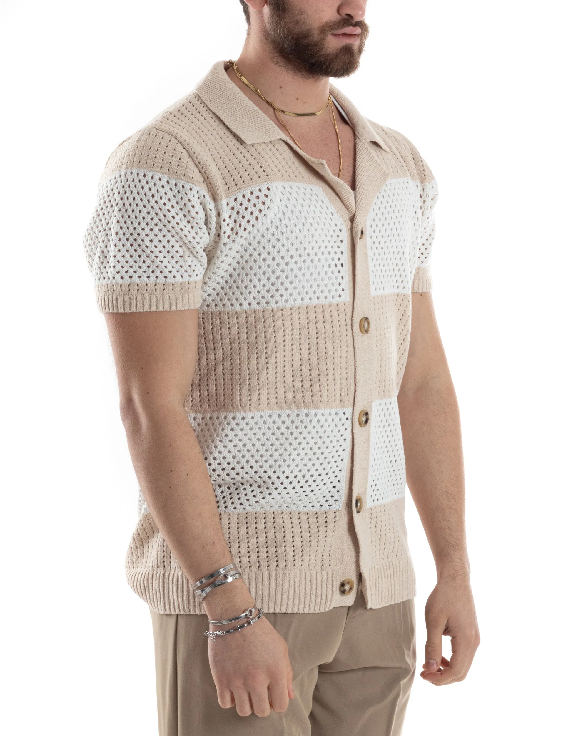 T-shirt Uomo Maglia Polo Traforata Ricamata Cardigan Manica Corta Con Bottoni A Righe Beige Casual GIOSAL-TS3002A