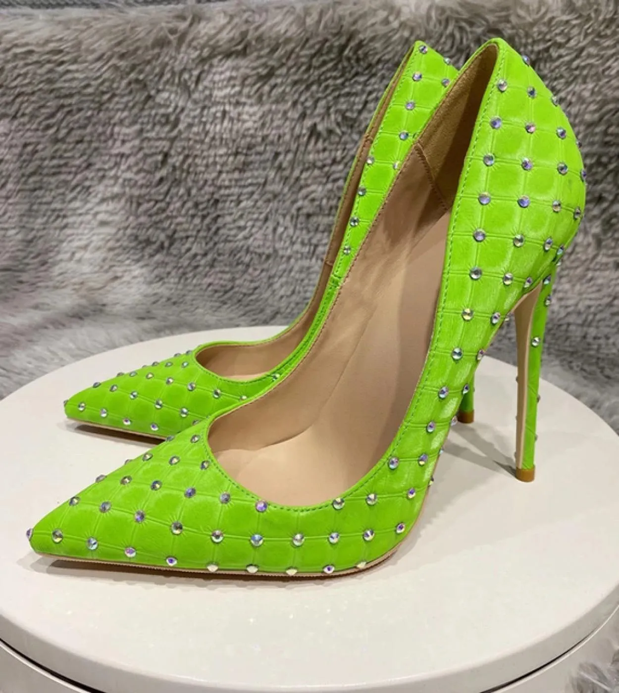 Tikicup Fluo Green Plaid Pattern Strass Decor Donna Tessuto Punta a punta Scarpe con tacco alto Décolleté a spillo Comode