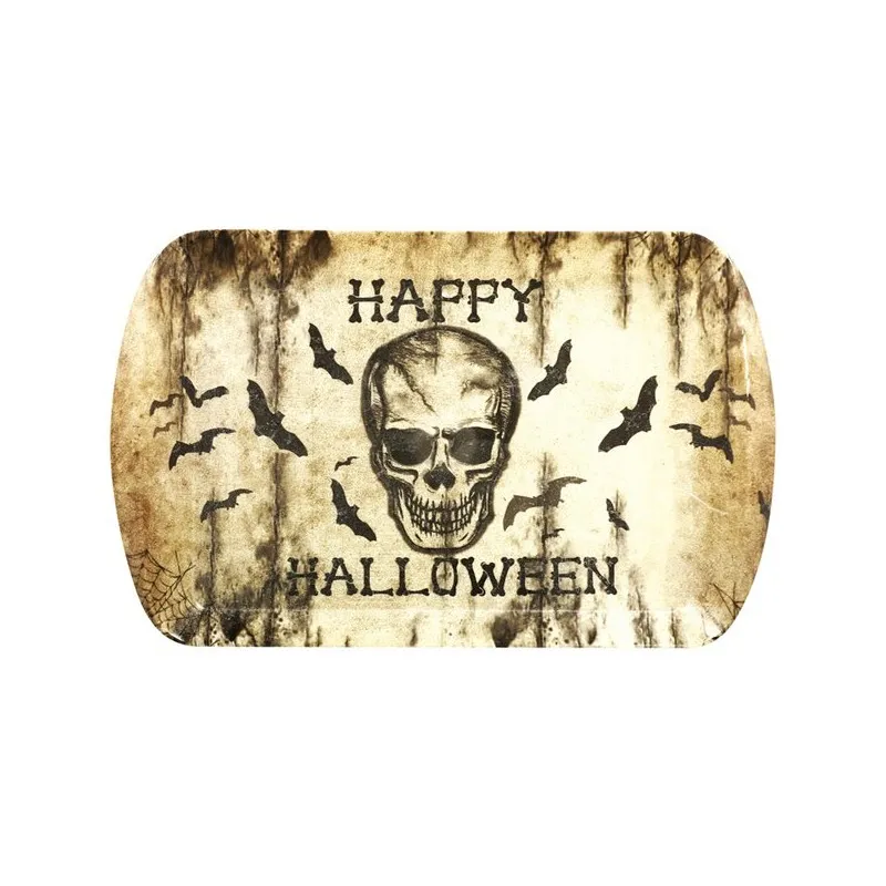 VASSOIO TESCHI E PIPISTRELLI 39X24CM HAPPY HALLOWEEN RIGIDO IN PLASTICA RESISTENTE PER SALE FESTE E PARTY A TEMA HORROR