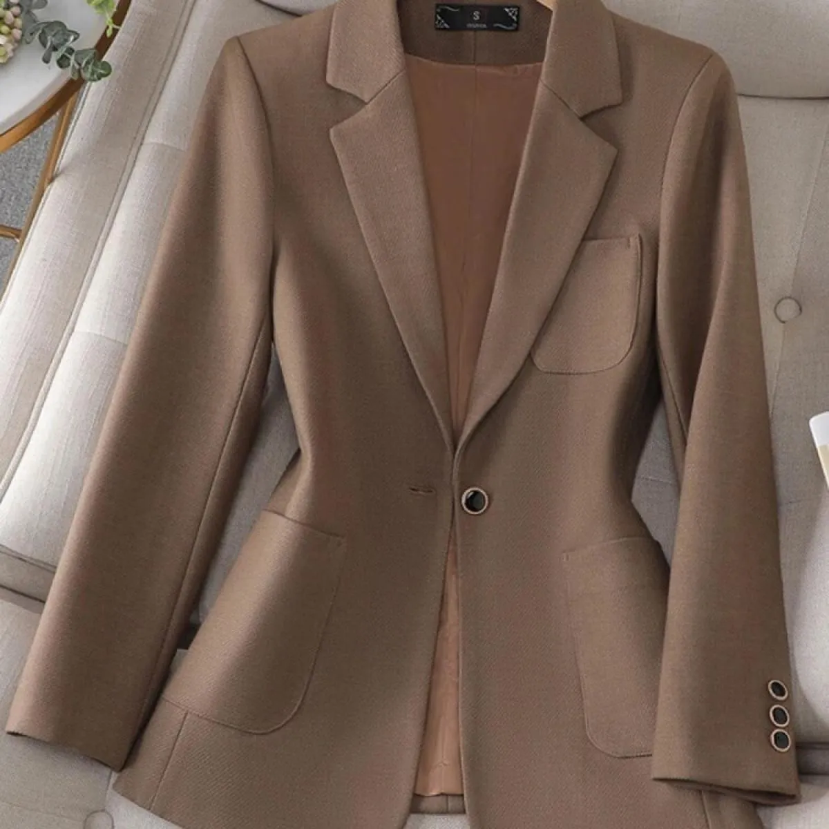 Xfpv Casual da Donna Khaki con Intaglio Sottile Bottone Manica Lunga Blazer Temperamento Cappotto Moda Nuova Marea Autunno Inver